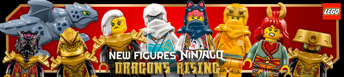 Banner New Lego Ninjago Dragons Rising Minifigures: Sora, Zane, Cole, Kai, Lloyd, Jay, Master Wu, Beatrix, Ras, Brasera, Riyu, Arin, Rapton, Commander, Hunter, Imperium, ...